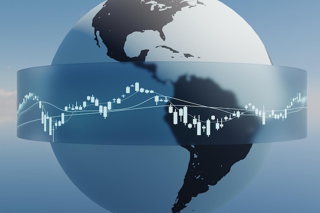 Foto gráfico del mercado de valores alrededor de la representación 3d del fondo de la tierra