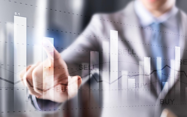 Gráfico de mercado de valores de doble exposición Concepto financiero de compra y venta