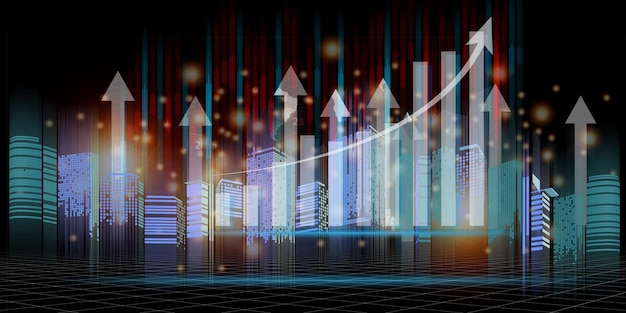 Gráfico del mercado de valores financieros en el contexto de una ilustración 3D de la ciudad nocturna