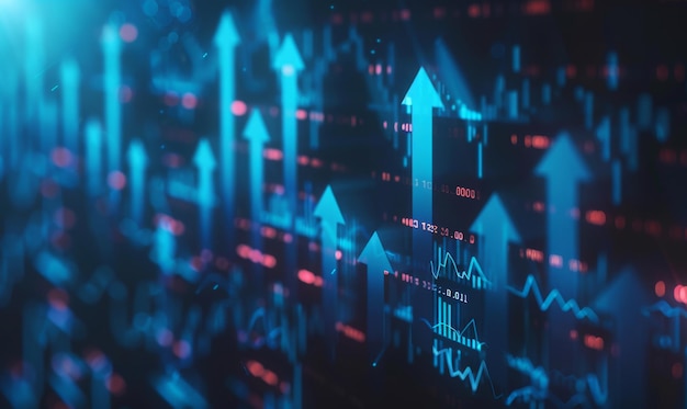 Un gráfico del mercado de valores con flechas azules que apuntan hacia arriba