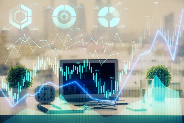 Gráfico del mercado de valores en el fondo con escritorio y computadora personal Doble exposición Concepto de análisis financiero