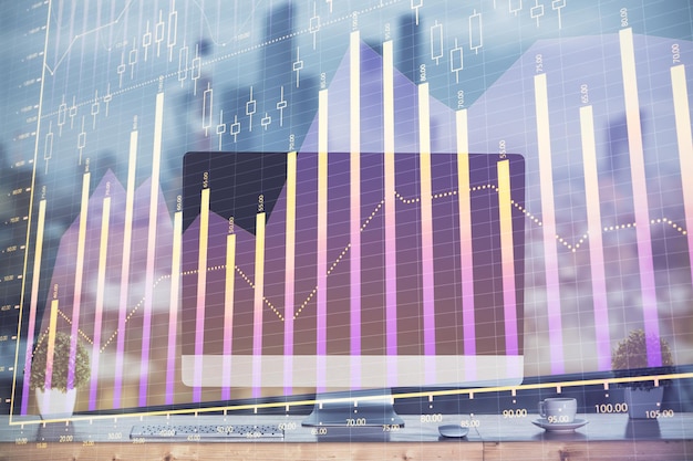 Gráfico del mercado de valores en el fondo con escritorio y computadora personal Exposición múltiple Concepto de análisis financiero