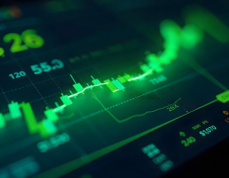 Gráfico del mercado de valores futurista con tendencia al alza verde neón y superposición de código binario