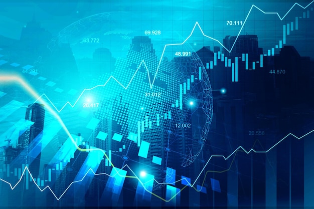 Foto gráfico del mercado de valores o del comercio de divisas en un concepto futurista adecuado para inversiones financieras o tendencias económicas, ideas de negocios y diseño de todas las obras de arte antecedentes financieros abstractos