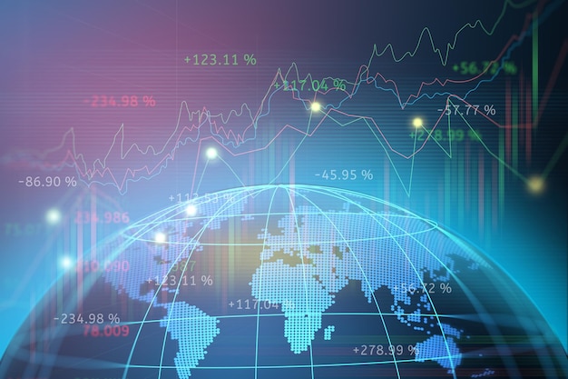 Gráfico del mercado de valores o del comercio de divisas con mapa del mundo que representa el marco de cable de la línea de red global