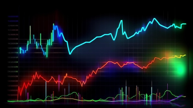 Gráfico del mercado de valores que brilla intensamente sobre fondo oscuro Diagrama de acciones de crecimiento Gráfico financiero Concepto financiero Fondo de pantalla de neón Concepto de comercio de acciones Comercio de intercambio Concepto de marketing empresarial