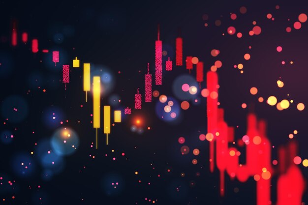 Gráfico del mercado de valores que muestra una tendencia a la baja con candelabros rojos y amarillos en un fondo oscuro Renderización 3D