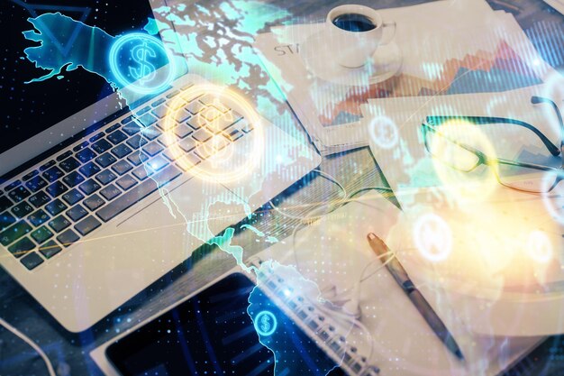 Gráfico del mercado de valores y tabla con fondo de computadora Concepto de exposición múltiple de análisis financiero
