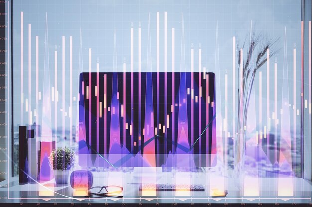 Gráfico del mercado de valores y tabla con fondo de computadora Concepto de exposición múltiple de análisis financiero