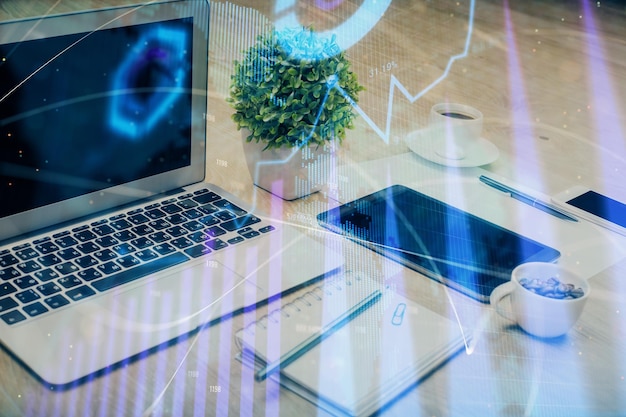 Gráfico del mercado de valores y tabla con fondo de computadora Concepto de exposición múltiple de análisis financiero