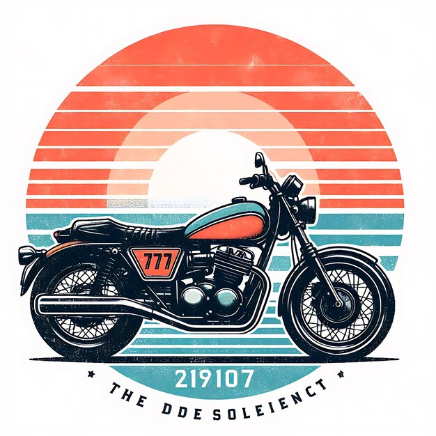 Un gráfico de una motocicleta clásica en ilustración y diseño de puesta de sol de estilo vintage