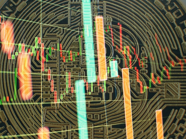 El gráfico muestra un fuerte aumento en el precio de bitcoin. invertir en activos virtuales. plataforma de inversión con gráficos y moneda bitcoin.