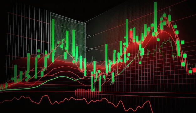 Gráfico de negociación del mercado de valores en color rojo y verde como fondo de ilustración económica 3D Tendencias comerciales y desarrollo económico