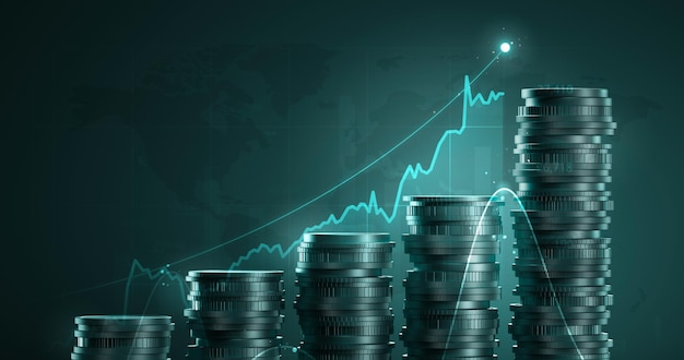 Gráfico de negocio de crecimiento de dinero, economía, finanzas, acciones o inversión en moneda, diagrama financiero, gráfico de ganancias, de acciones de precio de mercado de intercambio global en el análisis económico, fondo 3d con comercio de éxito.