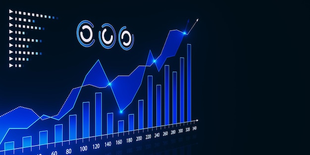 Gráfico de negocio digital creativo en crecimiento en fondo azul con maqueta de lugar Desarrollo de estrategia de negocio y plan de crecimiento Renderización 3D