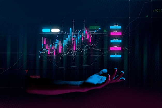 Gráfico de negocio de finanzas de mano de empresario de inversión de gráfico financiero de tecnología de metaverso