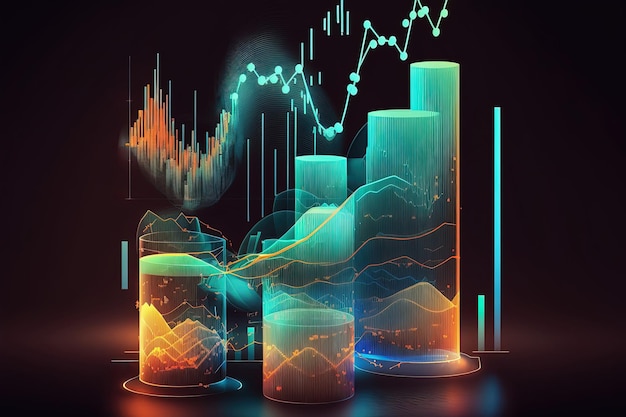 Gráfico de negocios comerciales sobre fondo de neón colorido oscuro AI