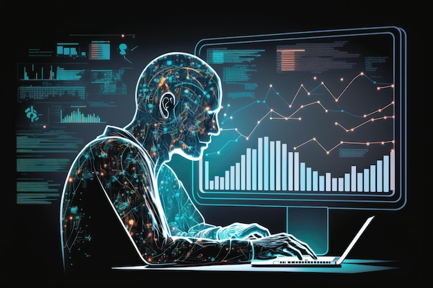 Gráfico de negocios conceptual y gráfico de empresa de mercado analítico estático empresario de datos de comercio de acciones que utiliza computadora portátil y análisis financiero de marketing con soporte de tecnología AI