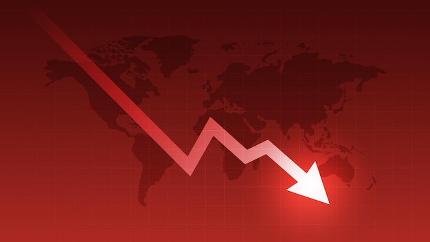 Gráfico de negocios de la economía mundial de la crisis financiera de flecha hacia abajo en el fondo del mercado global de crisis con el concepto de gráfico de acciones de financiación de pérdidas o quiebra de moneda de bajo precio de dinero y caída de la inversión económica