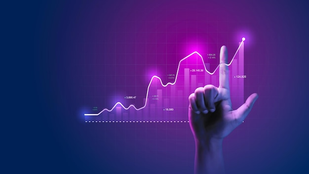 Gráfico de negocios financieros de crecimiento en el fondo de estrategia de tecnología de metaverso digital con análisis de mercado de datos de inversión en acciones o gráfico virtual de marketing financiero y comercio futuro de innovación global