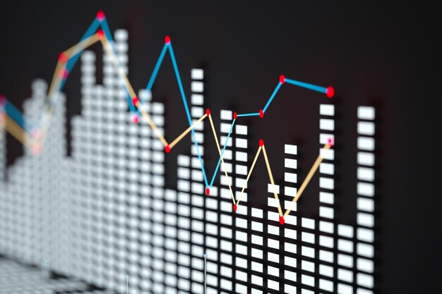 Gráfico de negocios con gráfico de barras de gráfico de líneas y números en representación 3d de fondo oscuro