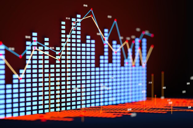 Gráfico de negocios con gráfico de barras de gráfico de líneas y números en representación 3d de fondo oscuro