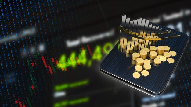 El gráfico de negocios y las monedas de oro en la representación 3d de la tableta
