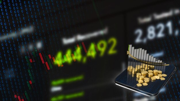 El gráfico de negocios y las monedas de oro en la representación 3d de la tableta