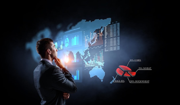 Gráfico de negocios y monitor de comercio. Técnica mixta