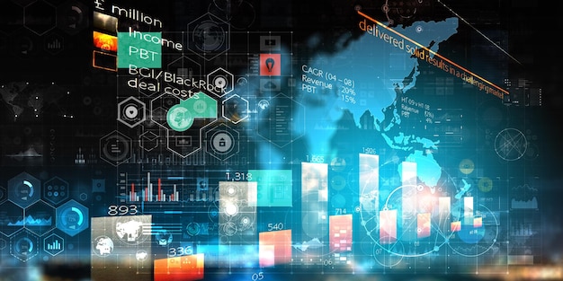 Gráfico de negocios y monitor de comercio. Técnica mixta