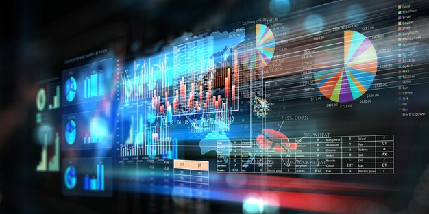 Gráfico de negocios y monitor de comercio. Técnica mixta