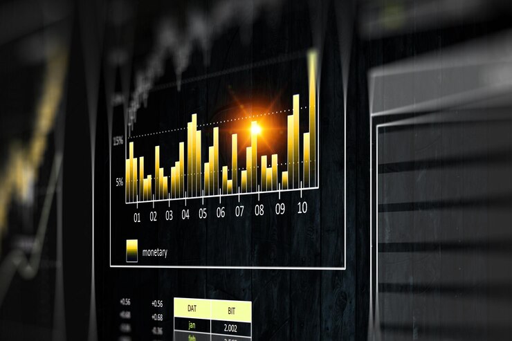 Foto gráfico de negocios y monitor de comercio. técnica mixta
