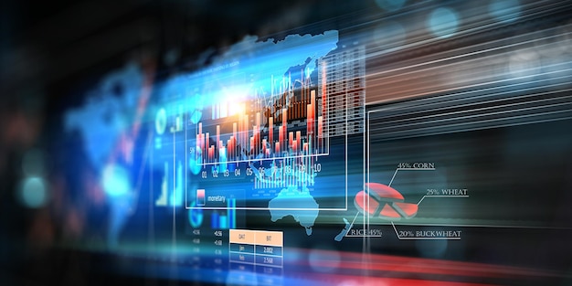 Gráfico de negocios y monitor de comercio. Técnica mixta