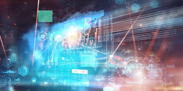 Gráfico de negocios y monitor de comercio. Técnica mixta