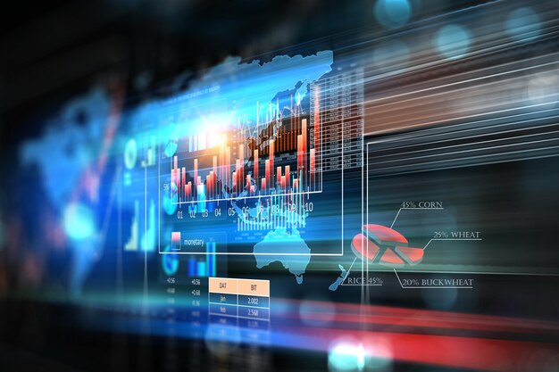 Gráfico de negocios y monitor de comercio. Técnica mixta