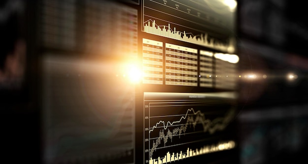 Gráfico de negocios y monitor de comercio. Técnica mixta