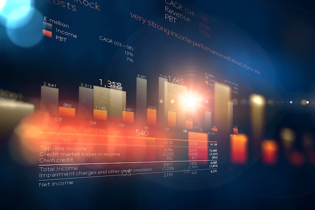 Gráfico de negocios y monitor de comercio. Técnica mixta