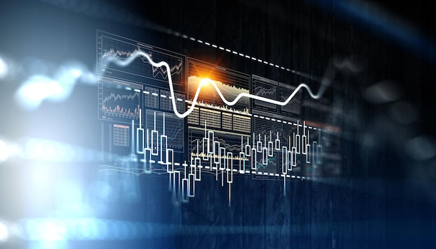 Gráfico de negocios y monitor de comercio. Técnica mixta