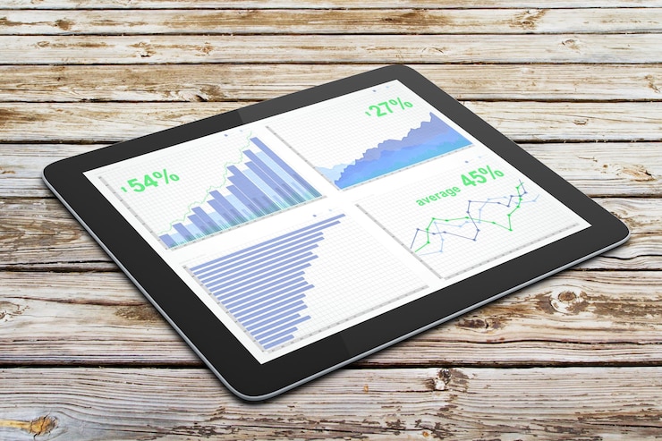 Foto gráfico de negocios en la pantalla de la tableta digital en la mesa de madera
