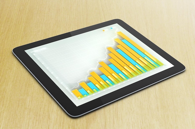 Gráfico de negocios en la pantalla de la tableta digital en la mesa de madera