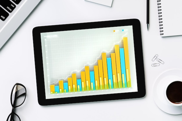 Gráfico de negocios en la pantalla de la tableta digital con taza de café y vasos
