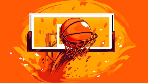 Foto gráfico en negrita de un aro de baloncesto con una pelota que pasa a través
