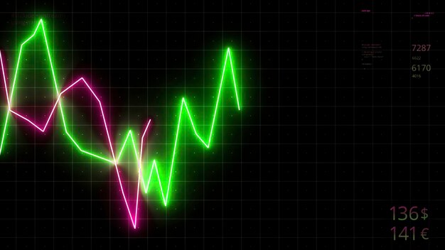 Gráfico de neón moviéndose arriba y abajo en la pantalla de la computadora digital con fondo oscuro movimiento mercado de valores o