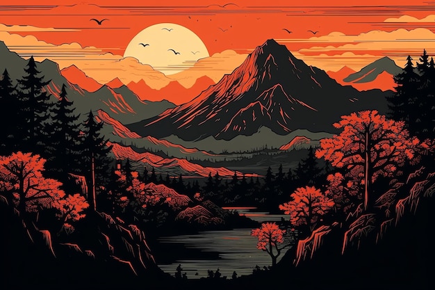 Un gráfico de un paisaje de montaña con una puesta de sol de fondo.