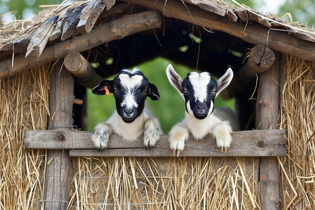 Foto gráfico de papel de pared de pequeñas cabras en su choza en el campo adorables cabritos de cabra