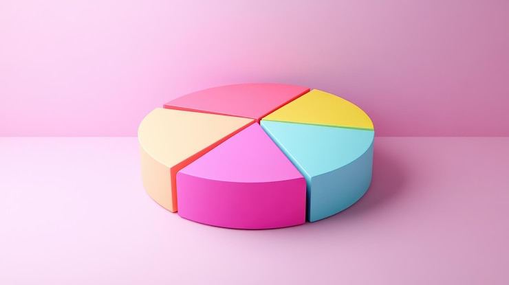 Foto un gráfico de pastel colorido con seis segmentos en un fondo rosado