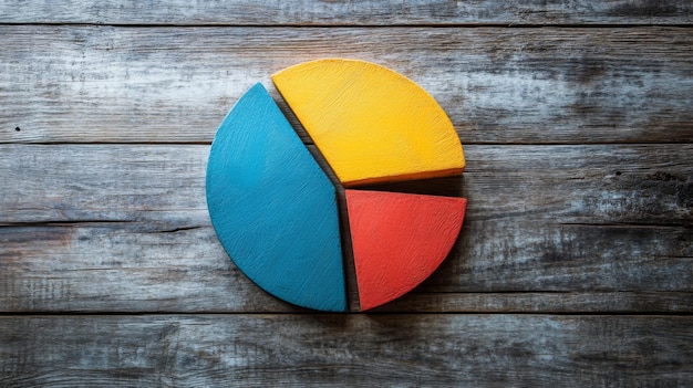 Un gráfico de pastel creativo con segmentos texturizados que muestran datos de ventas cada rodaja que representa una línea de productos diferente puesta contra un fondo de mesa de madera rústica