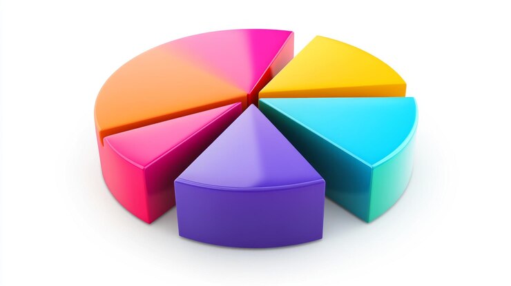 Foto un gráfico de pastel financiero colorido que muestra acciones de mercado con secciones etiquetadas que representan acciones, bonos e inversiones mostradas en un fondo blanco con líneas limpias