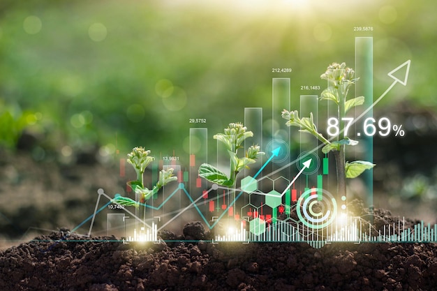 Gráfico de planta y gráfico que crece con forma de flecha Inversión empresarial y mercado de valores financiero