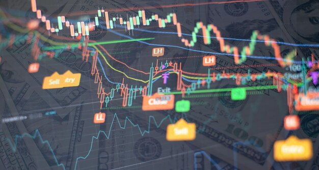 Gráfico de precios e indicador gráfico de velas rojas y verdes en la pantalla de tema azul volatilidad del mercado tendencia al alza y a la baja Fondo de moneda criptográfica de comercio de acciones